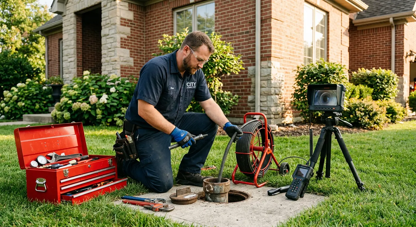 Sewer specialist with camera equipment servicing a cleanout in Beeville