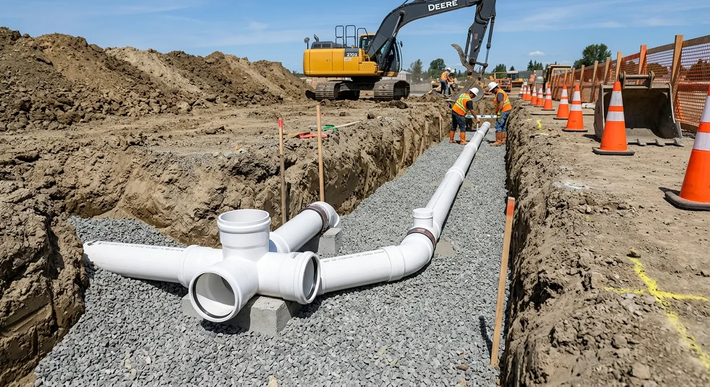 New PVC sewer pipe installation in open trench for Commercial Drain Cleaning in Beeville