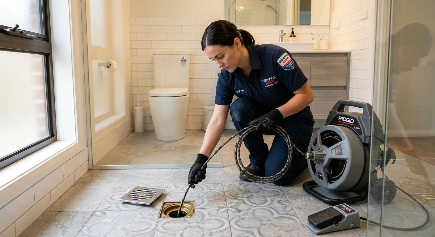 Technician clearing a bathroom floor drain for Clogged Drain Repair in Beeville